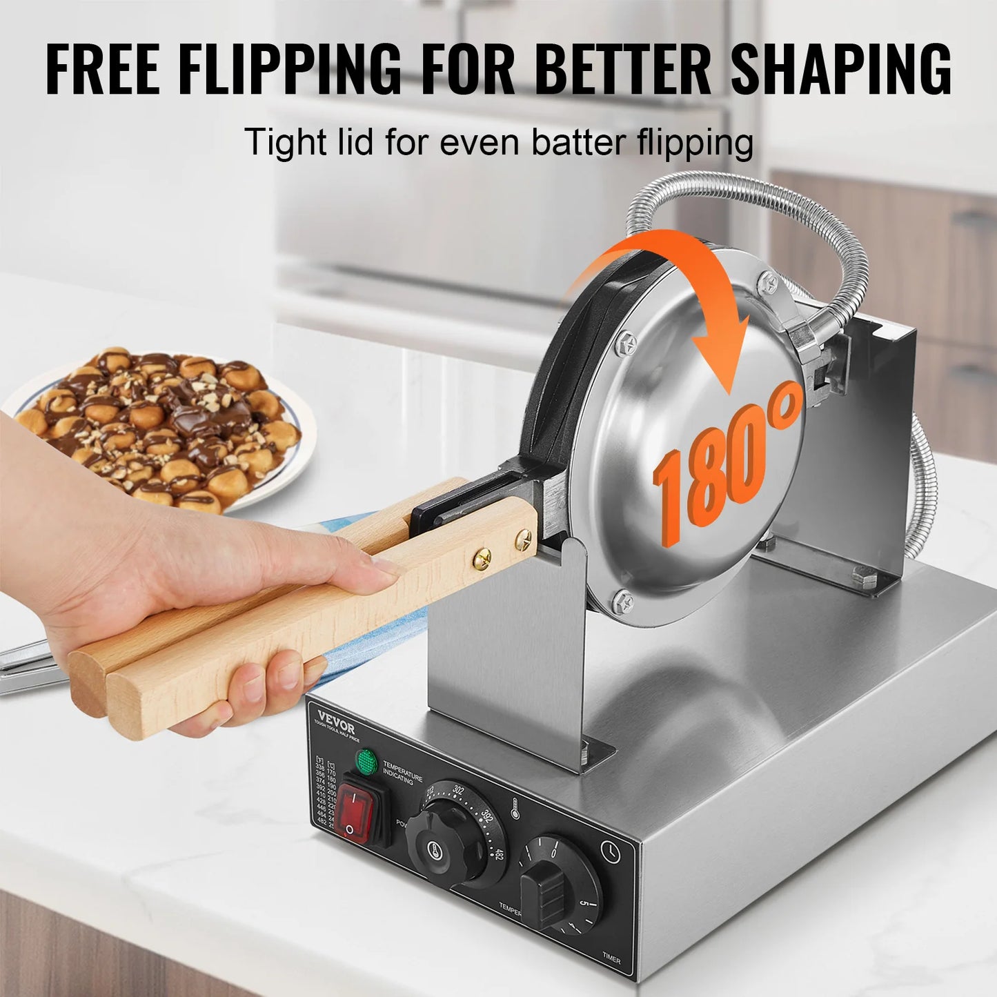 Commercial Egg Bubble Waffle Maker Stainless Steel with Wooden Handles