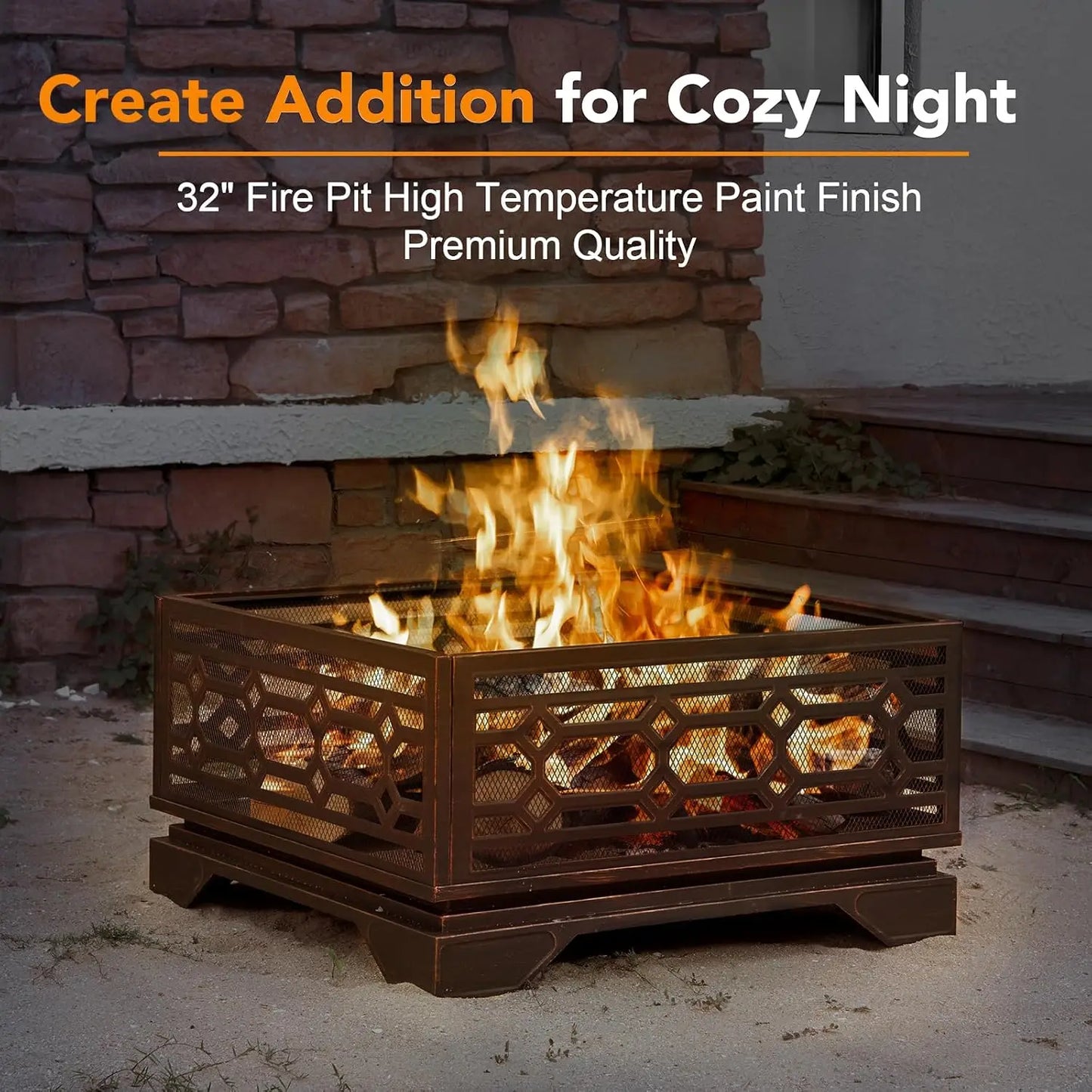 32 Inch Wood Burning Fire Pit with Mesh Cover & Poker