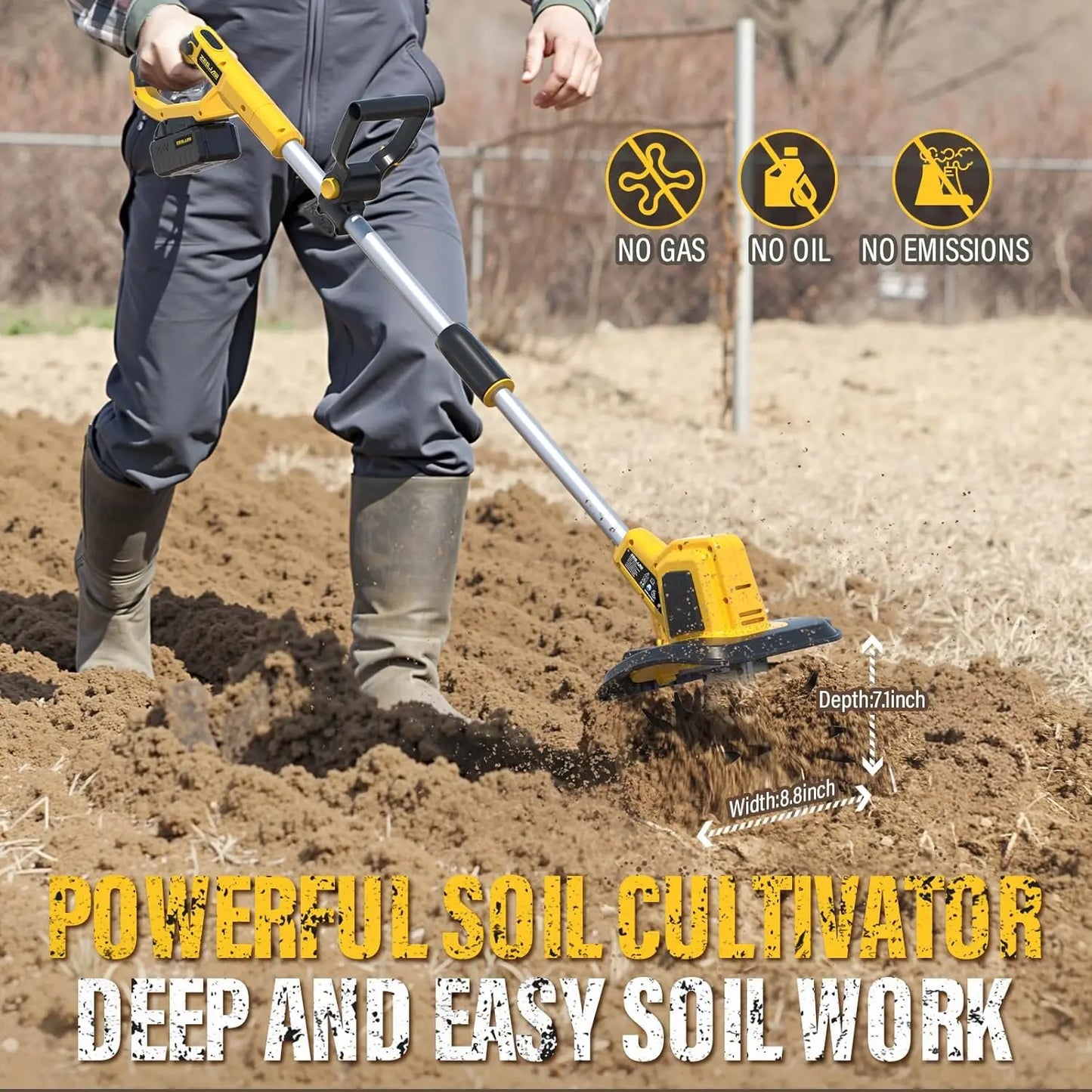 Cordless 20V Electric Garden Tiller, 9-Inch Wide with Battery