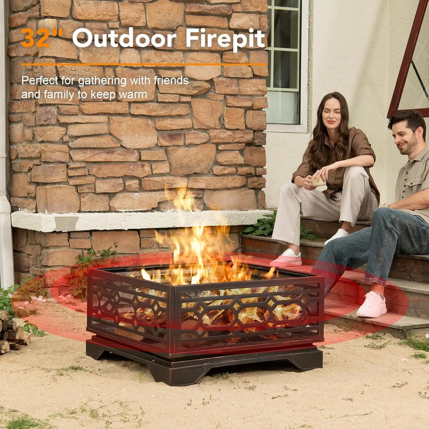 32 Inch Wood Burning Fire Pit with Mesh Cover & Poker