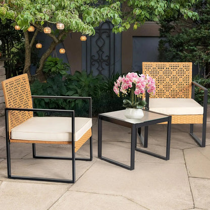 Two Large Rattan Chairs and Tempered Glass Table Set