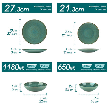 16/32/48 Piece Green Embossed Stoneware Dinner Set