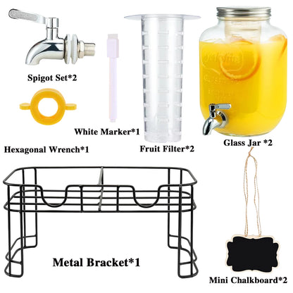 Drink Dispenser Two, 1 Gallon Glass with Stand and Stainless-Steel Faucet
