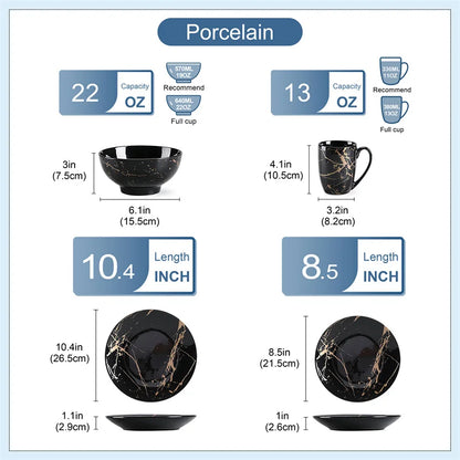 16Pcs Black Porcelain Tableware Set with Gold Splash Design