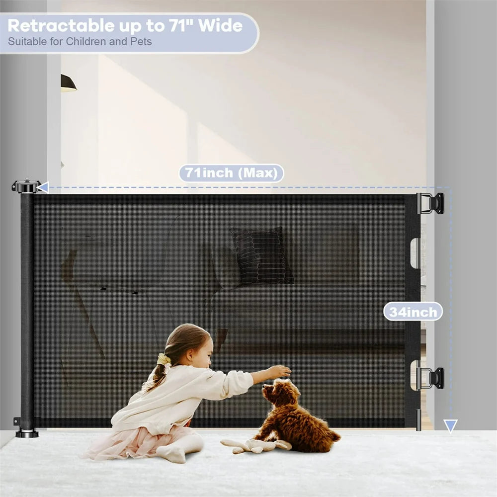 Retractable Baby/ Pet Gate, 34in Extra Tall and 71" Wide with Auto-Lock