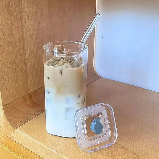 Square Heat-Resistant Coffee Cup with Lid and Straw