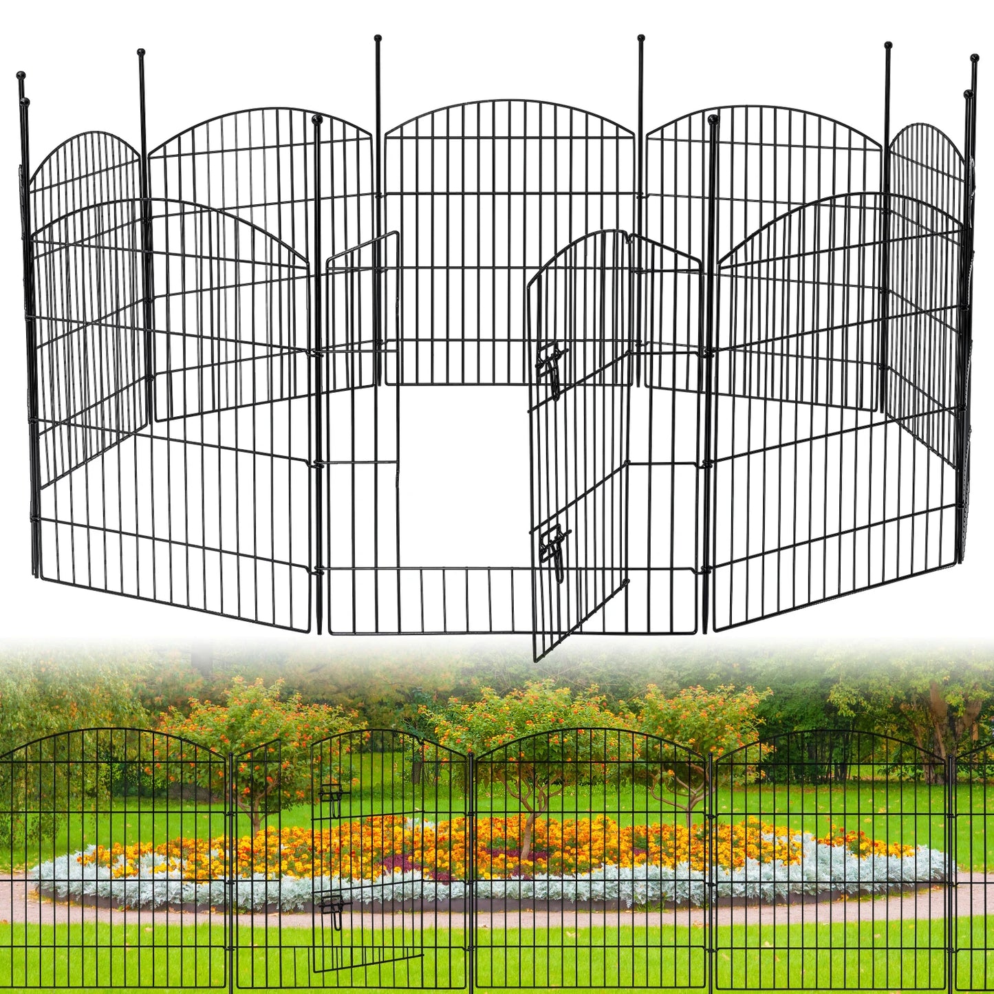 No Dig Decorative Garden Fence with Gate 32in (H) x 24ft (L), 9 Panels + 1 Gate +11 Stakes,