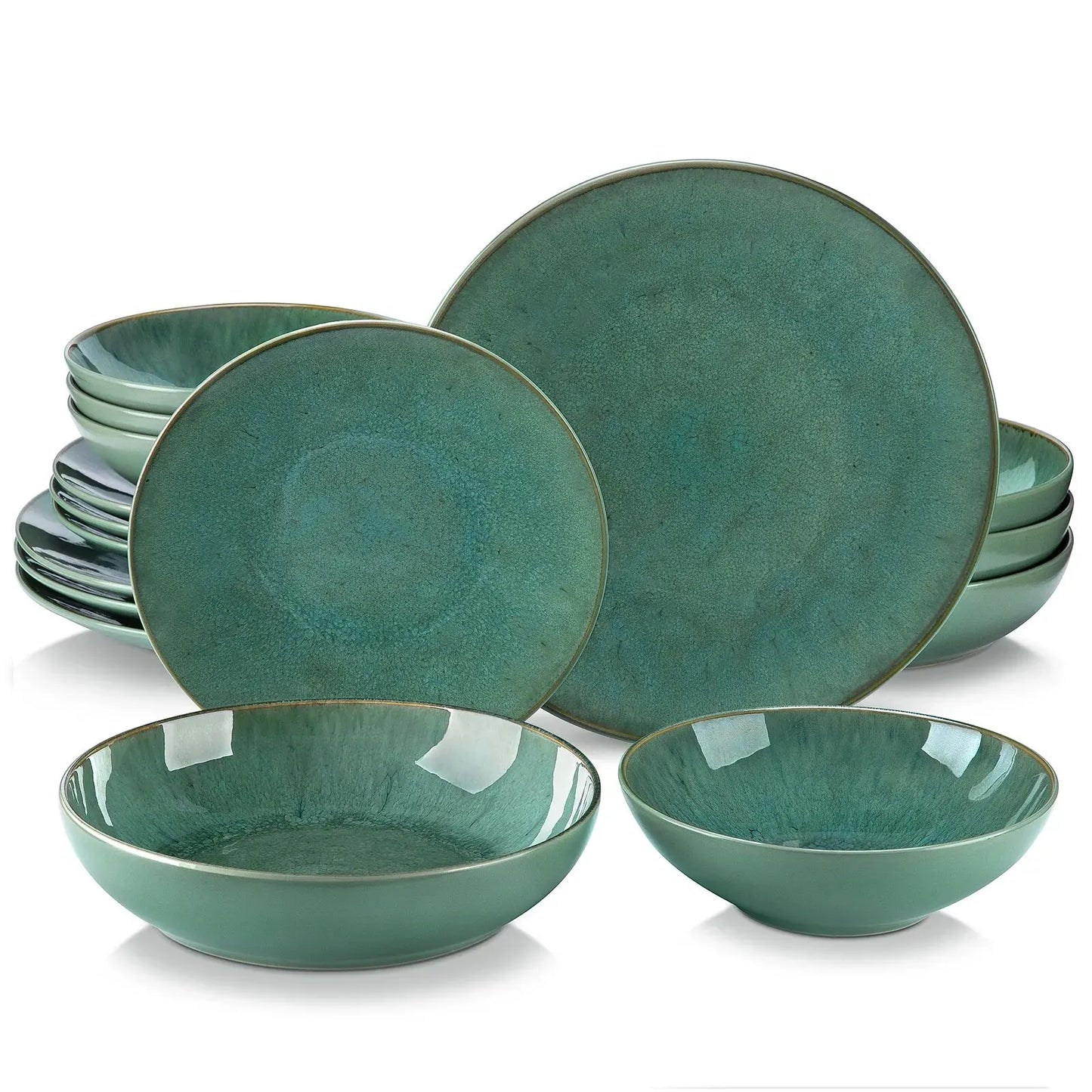 16/32/48 Piece Green Embossed Stoneware Dinner Set