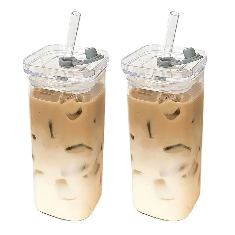 Square Heat-Resistant Coffee Cup with Lid and Straw