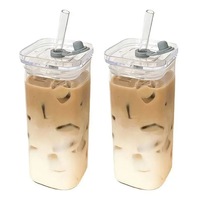 Square Heat-Resistant Coffee Cup with Lid and Straw
