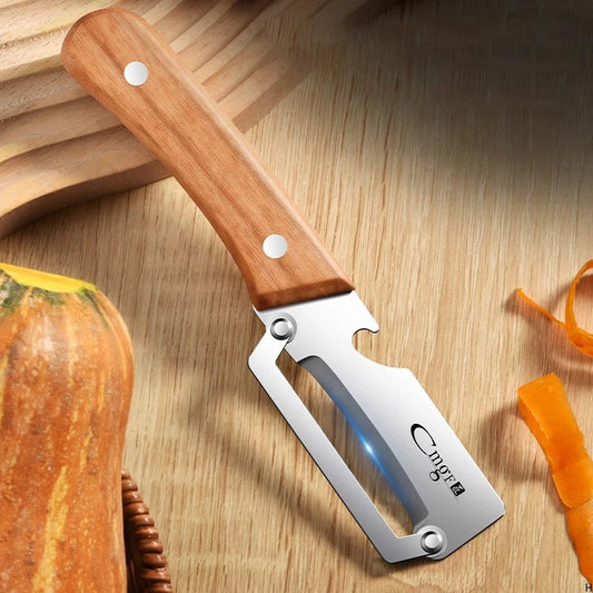 Stainless steel peeler with three options for handles.
