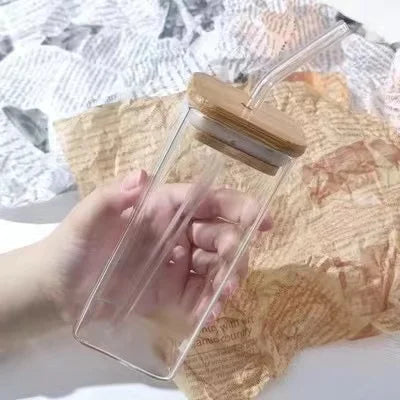 Square Heat-Resistant Coffee Cup with Lid and Straw