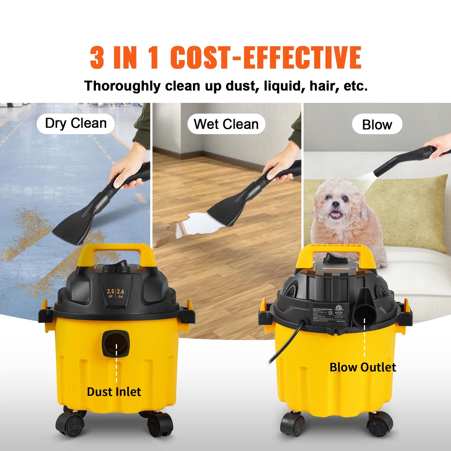 Portable Shop Vacuum 2.6 Gal with Blowing Function Attachment