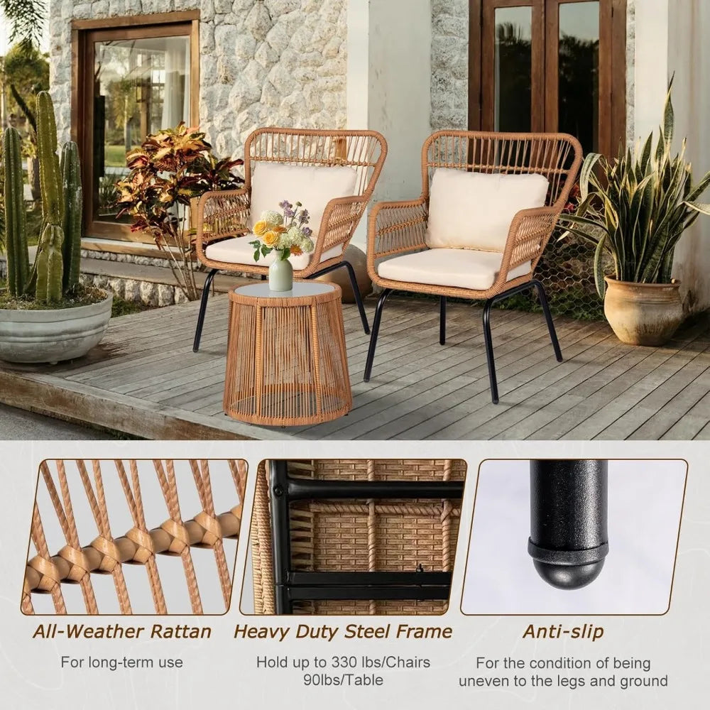 Two Large Rattan Chairs and Tempered Glass Table Set