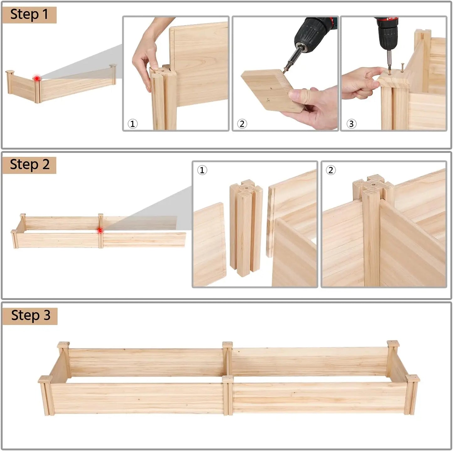 8x2ft Natural Wood Divisible Raised Garden Bed