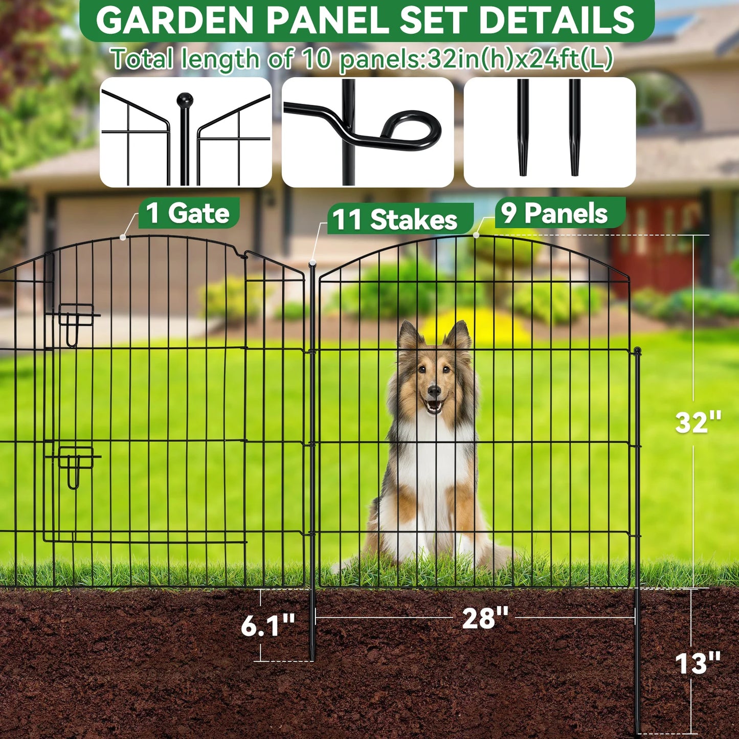 No Dig Decorative Garden Fence with Gate 32in (H) x 24ft (L), 9 Panels + 1 Gate +11 Stakes,