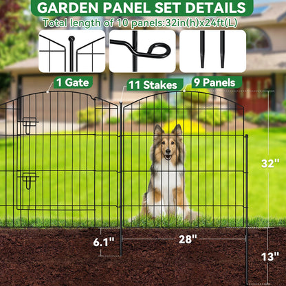 No Dig Decorative Garden Fence with Gate 32in (H) x 24ft (L), 9 Panels + 1 Gate +11 Stakes,