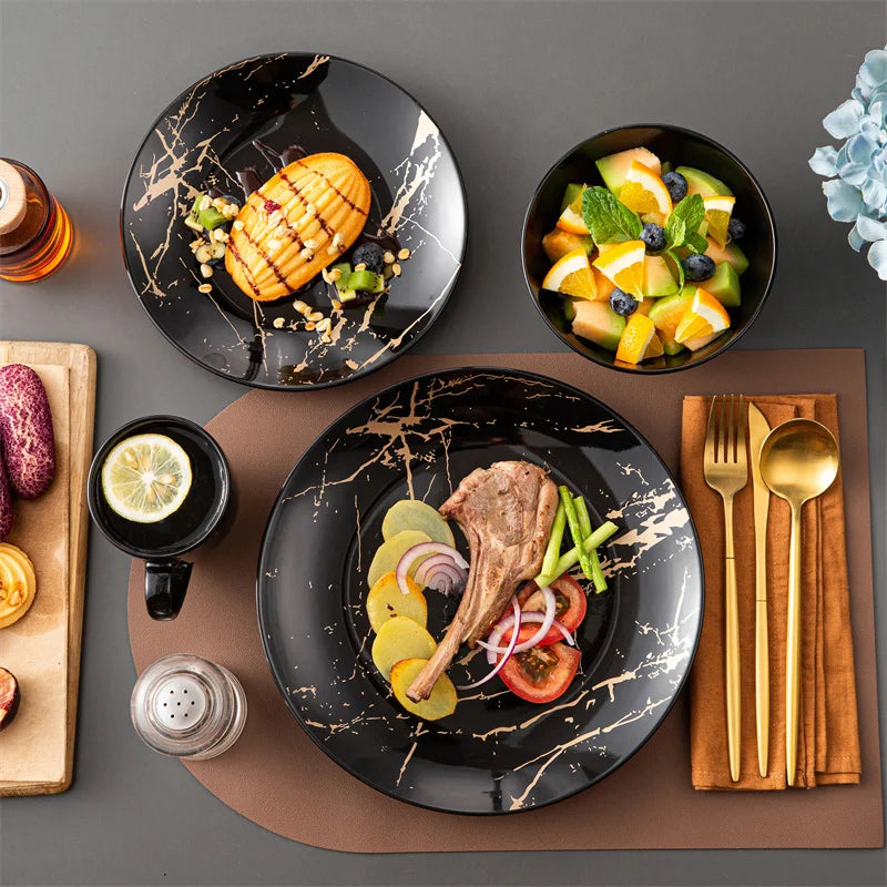16Pcs Black Porcelain Tableware Set with Gold Splash Design