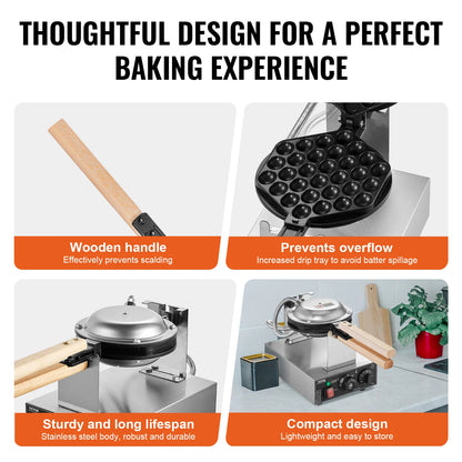Commercial Egg Bubble Waffle Maker Stainless Steel with Wooden Handles