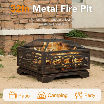 32 Inch Wood Burning Fire Pit with Mesh Cover & Poker