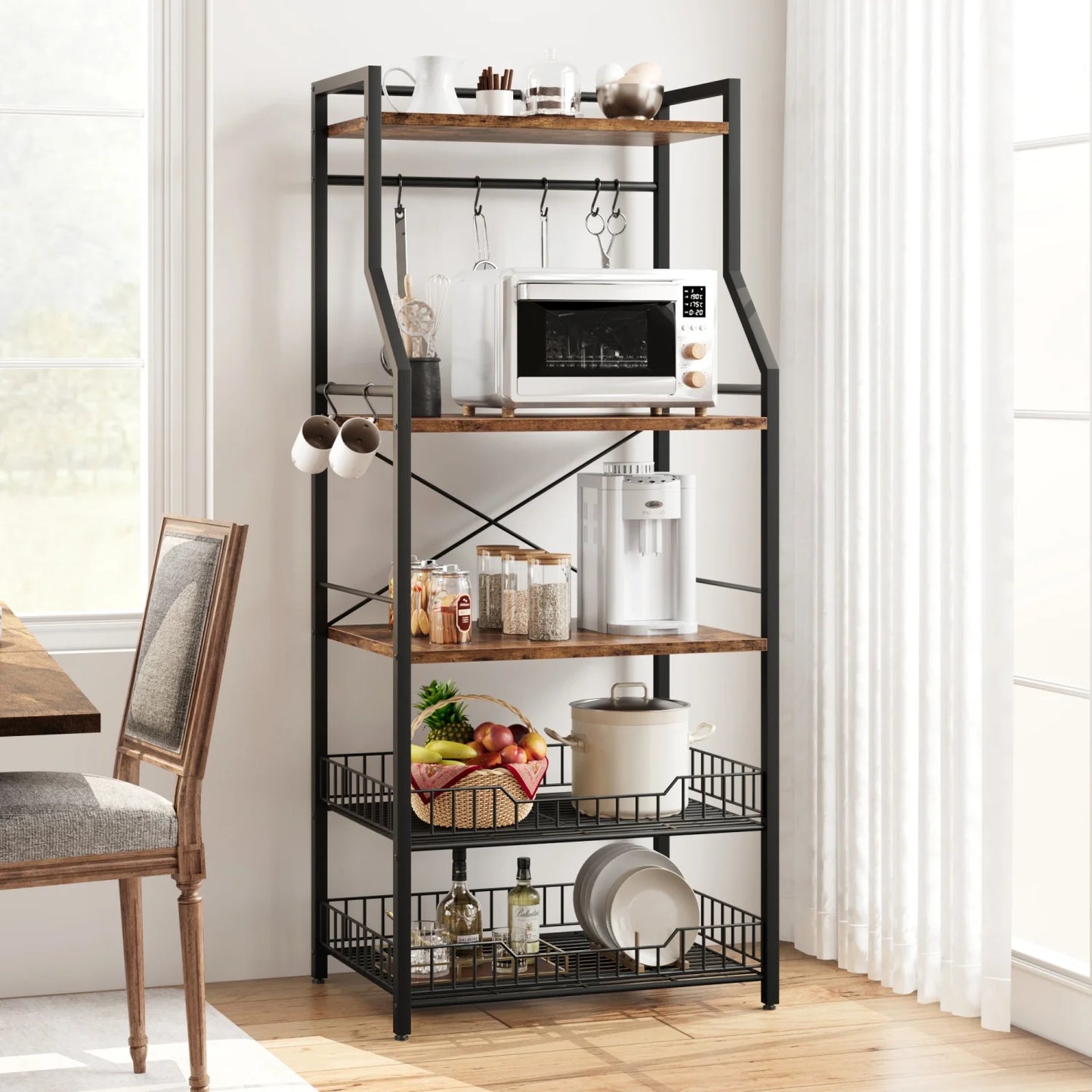 Bakers Rack with Large Wire Basket