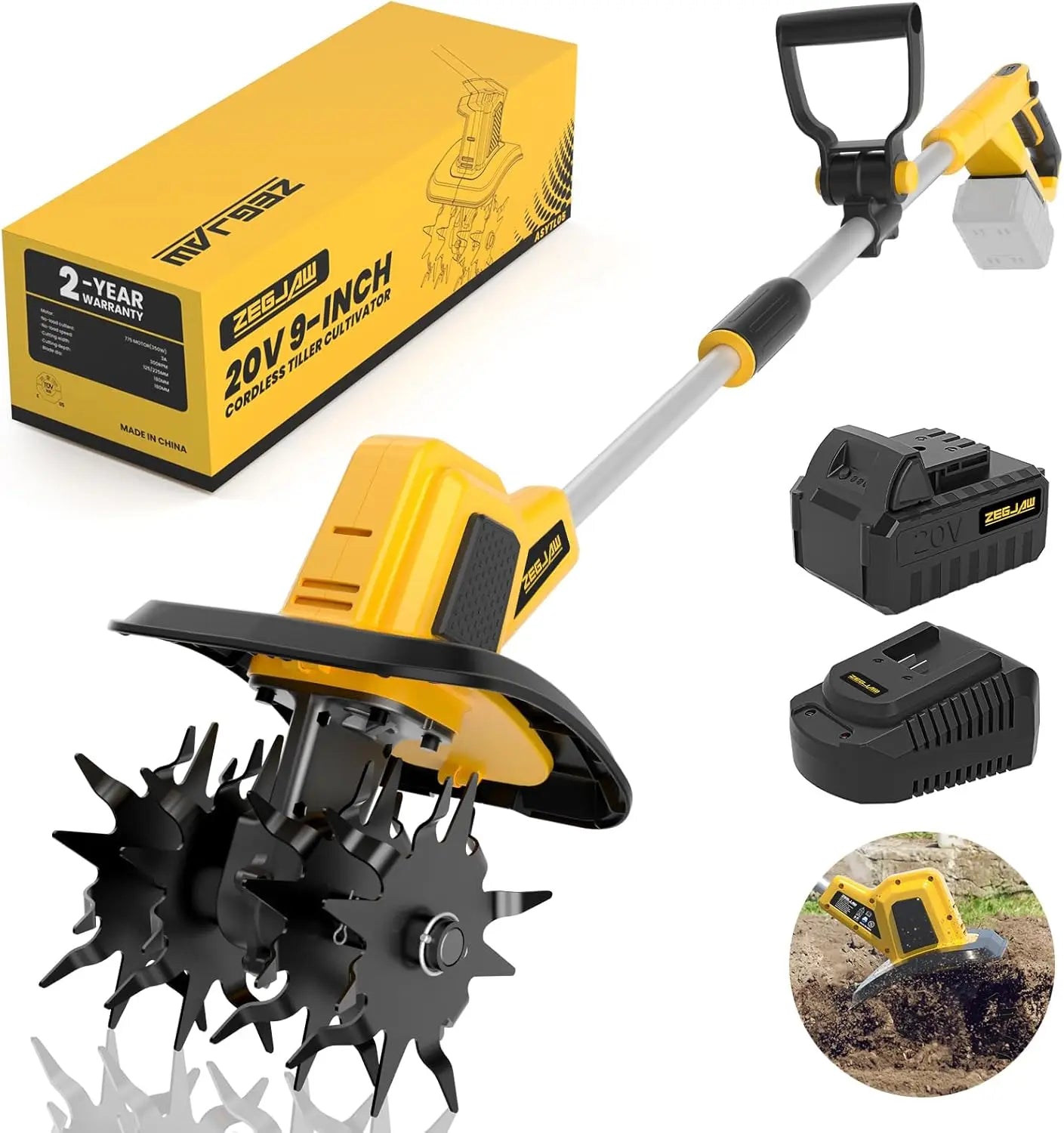 Cordless 20V Electric Garden Tiller, 9-Inch Wide with Battery