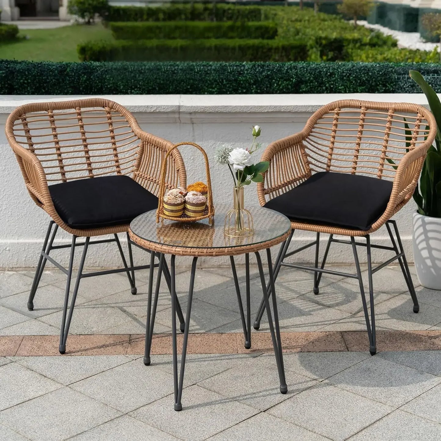Two Large Rattan Chairs and Tempered Glass Table Set