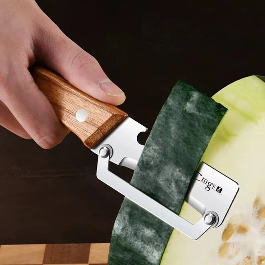Stainless steel peeler with three options for handles.