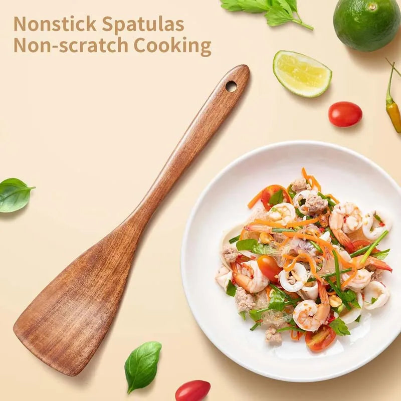5pcs Wooden Utensil Set with Hanging Holes, for Scratch Free Cooking