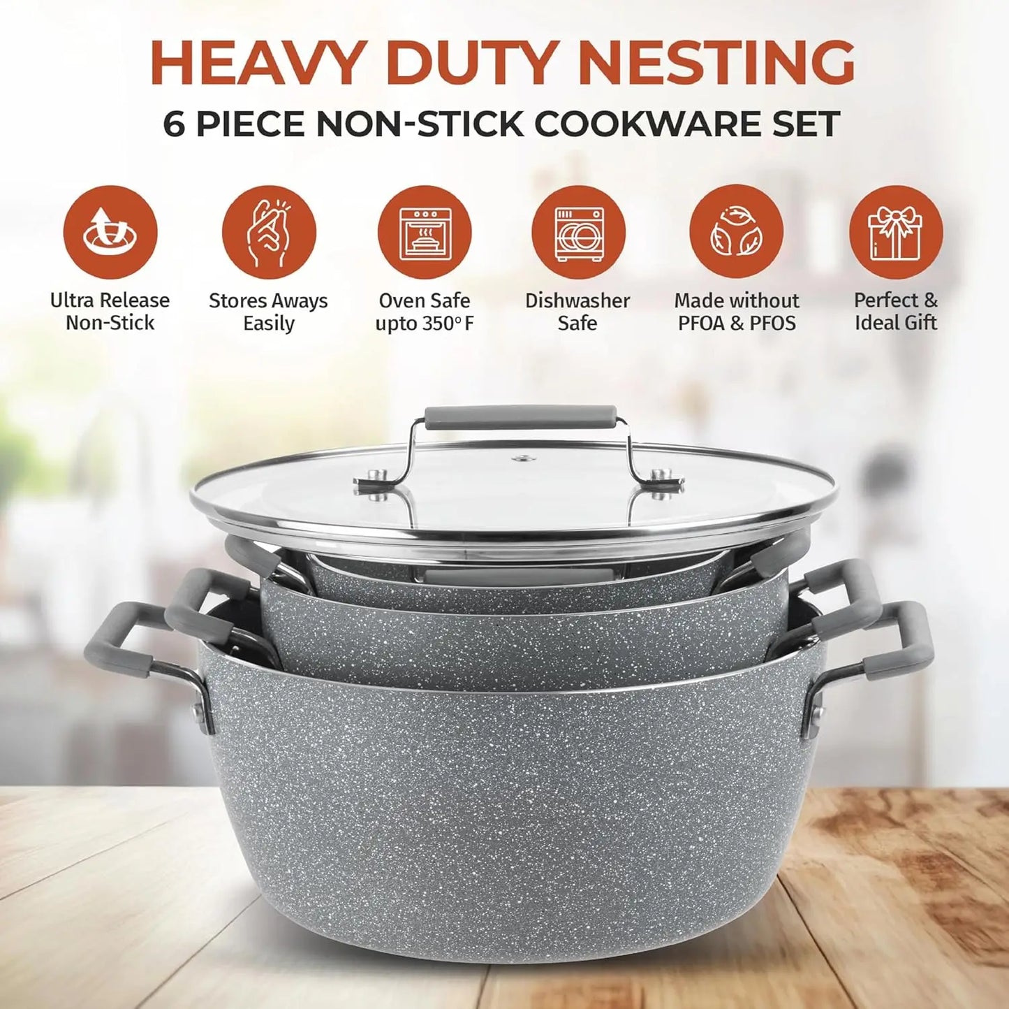 Gray Granite Coated 6-Piece Nonstick Cookware Set