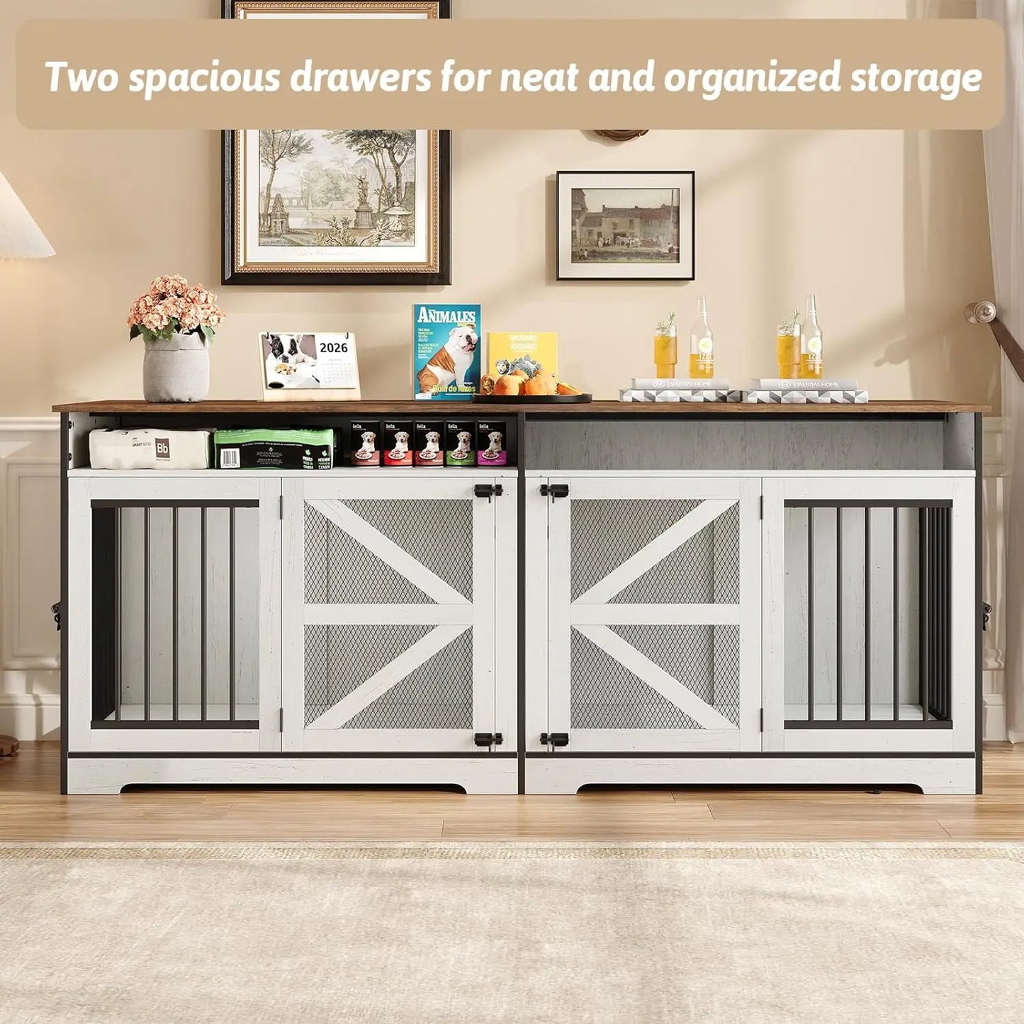 TV Stand or End Table 72" Double Dog Crate Furniture with Barn Doors