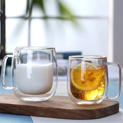 Heat Resistant, Double Wall Glass Coffee Cup with Handle, In Three Sizes