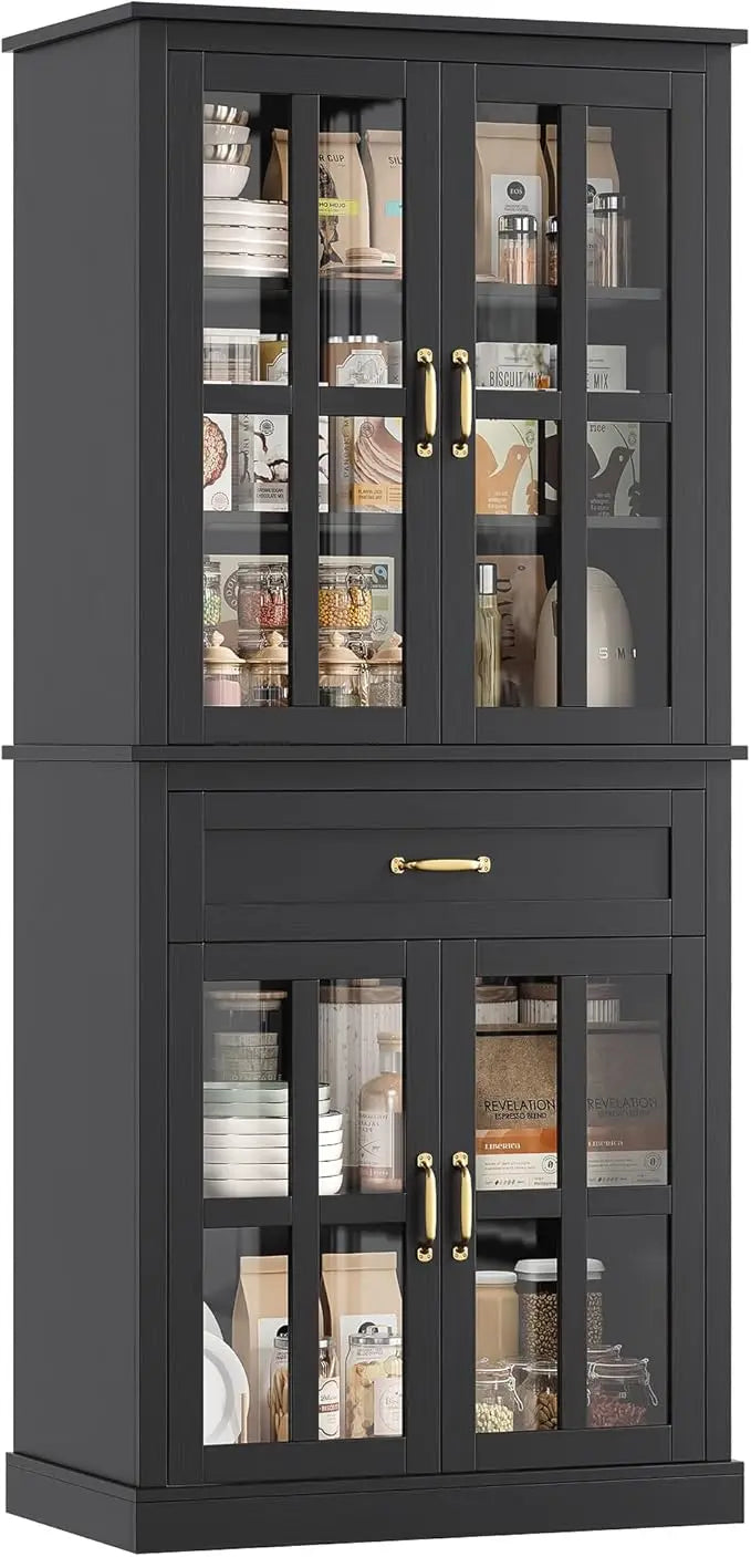 Free Standing 71'' Tall Cabinet with Glass Doors and Drawer