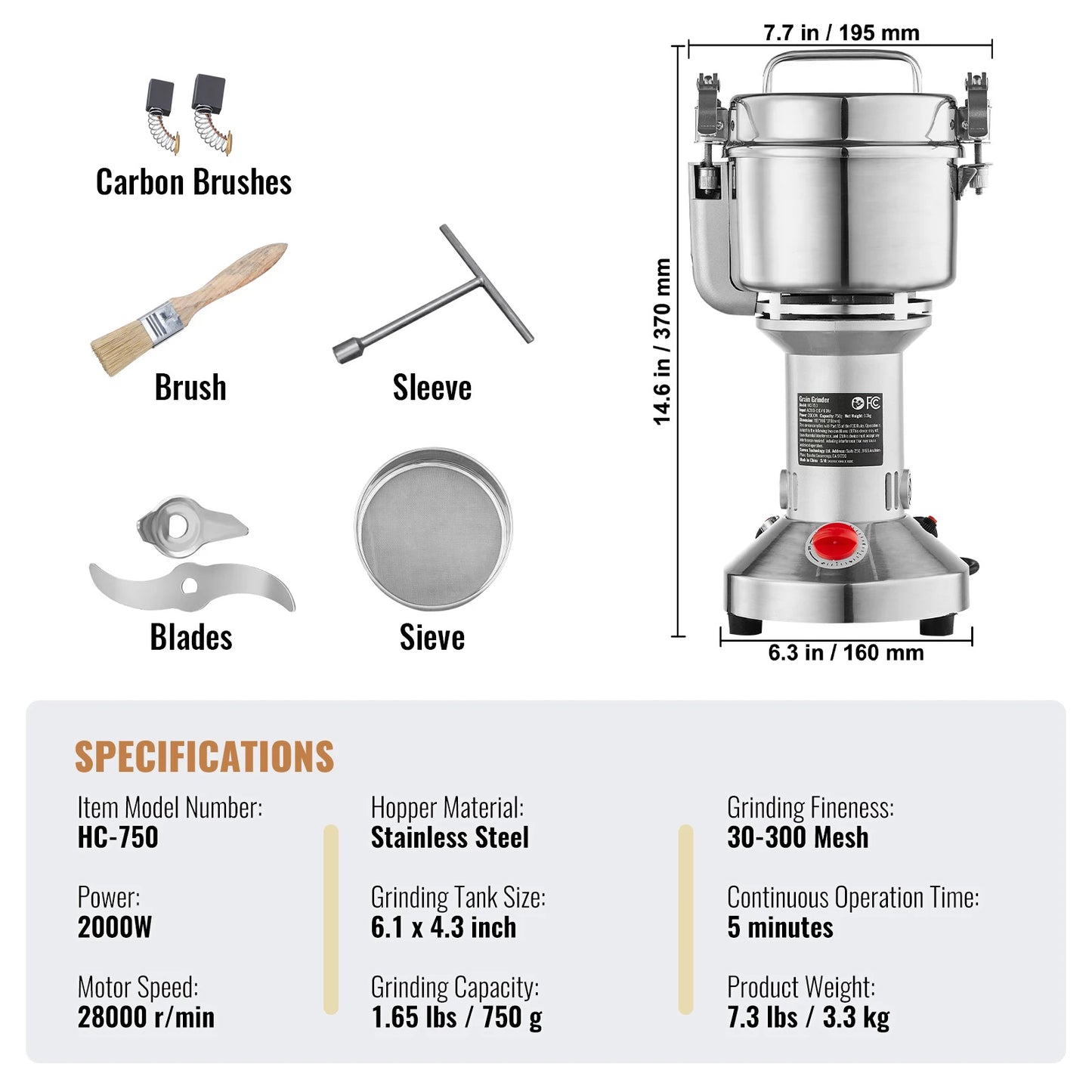 150-2500g Electric Mill Grinder for Spices, Coffee and Corn