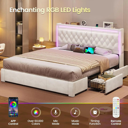 Beige Velvet Bed Frame with 5 Drawers