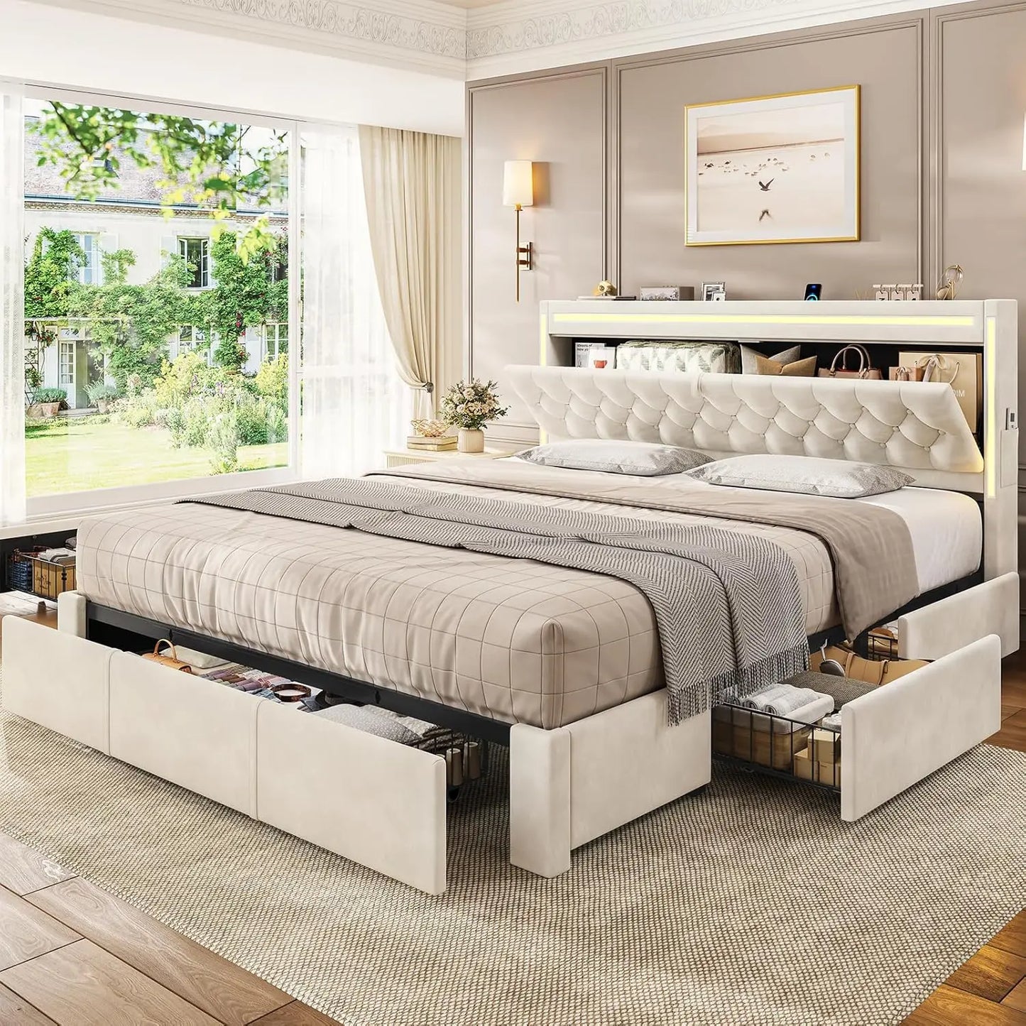 Beige Velvet Bed Frame with 5 Drawers