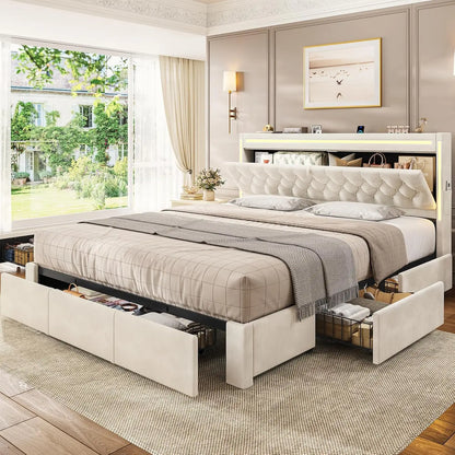 Beige Velvet Bed Frame with 5 Drawers