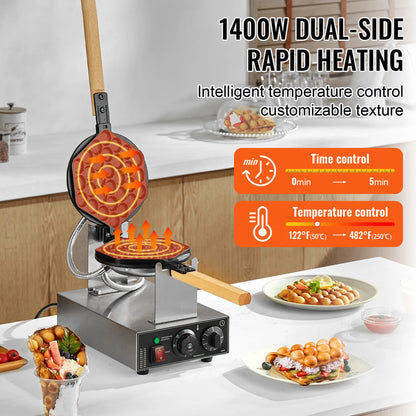 Commercial Egg Bubble Waffle Maker Stainless Steel with Wooden Handles