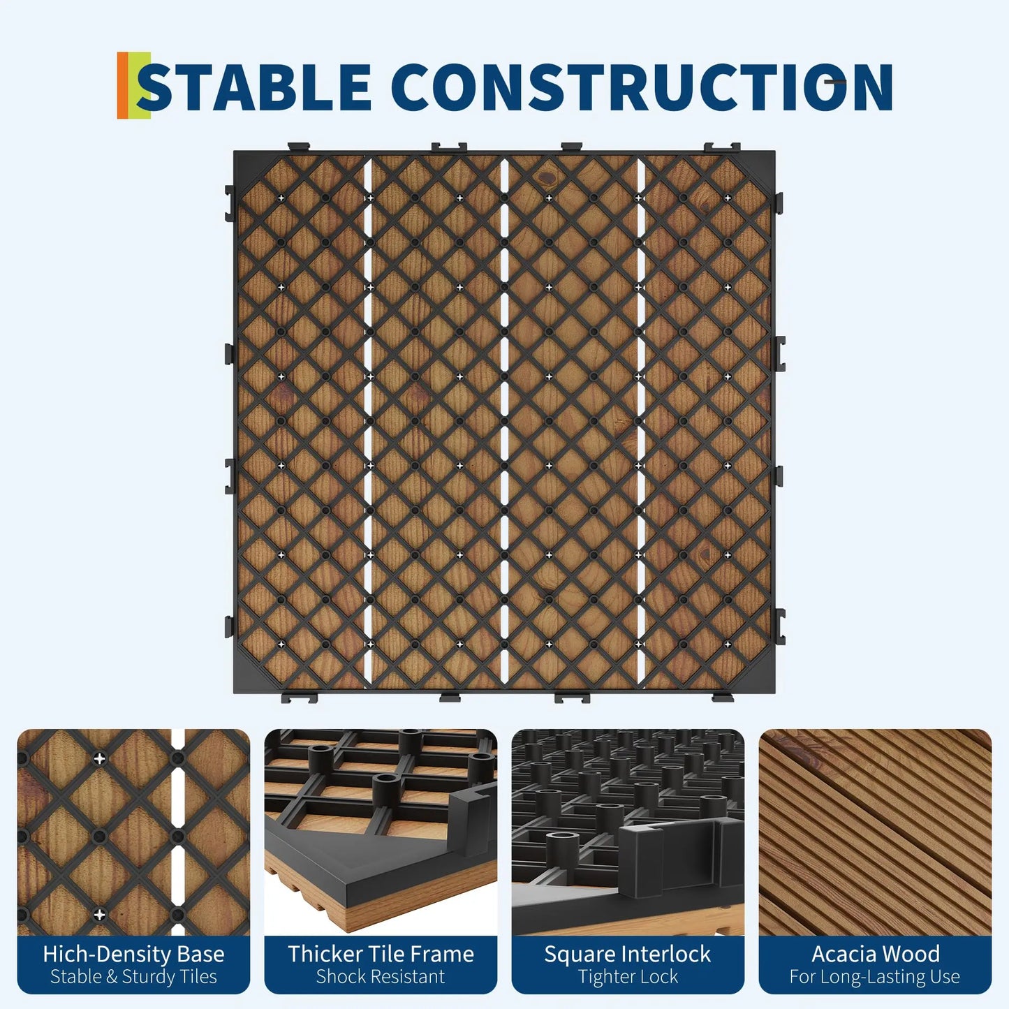 Wood Deck Tiles 12"X12" Snap Together Patio Flooring