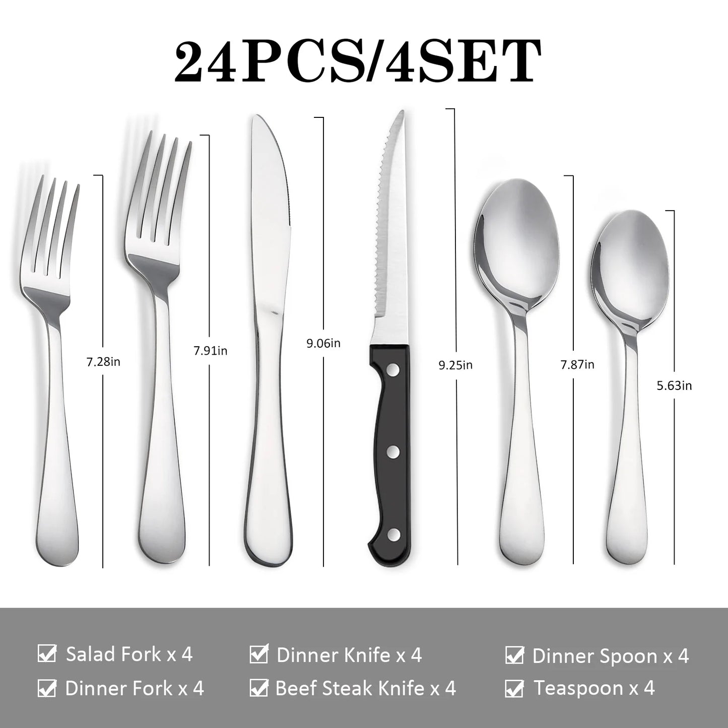 24 pcs Stainless Steel Flatware Set with Steak Knives