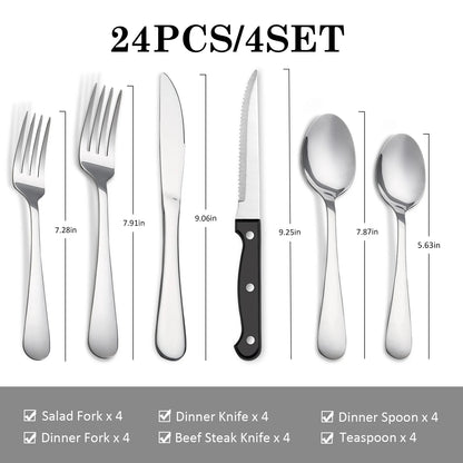 24 pcs Stainless Steel Flatware Set with Steak Knives