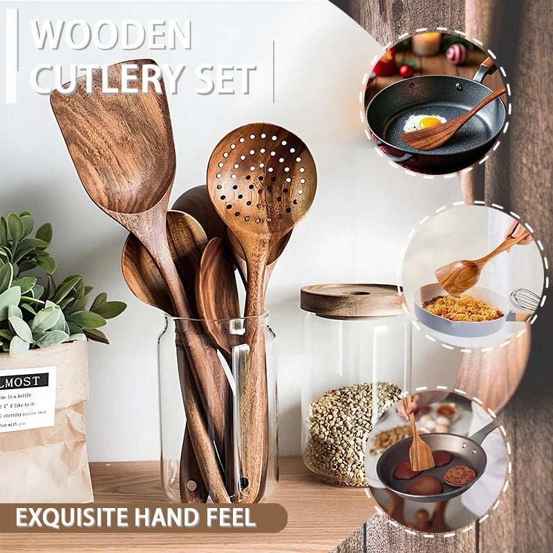 5pcs Wooden Utensil Set with Hanging Holes, for Scratch Free Cooking