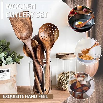5pcs Wooden Utensil Set with Hanging Holes, for Scratch Free Cooking