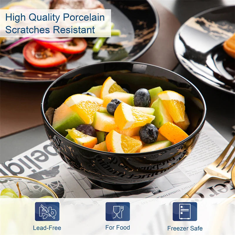 16Pcs Black Porcelain Tableware Set with Gold Splash Design
