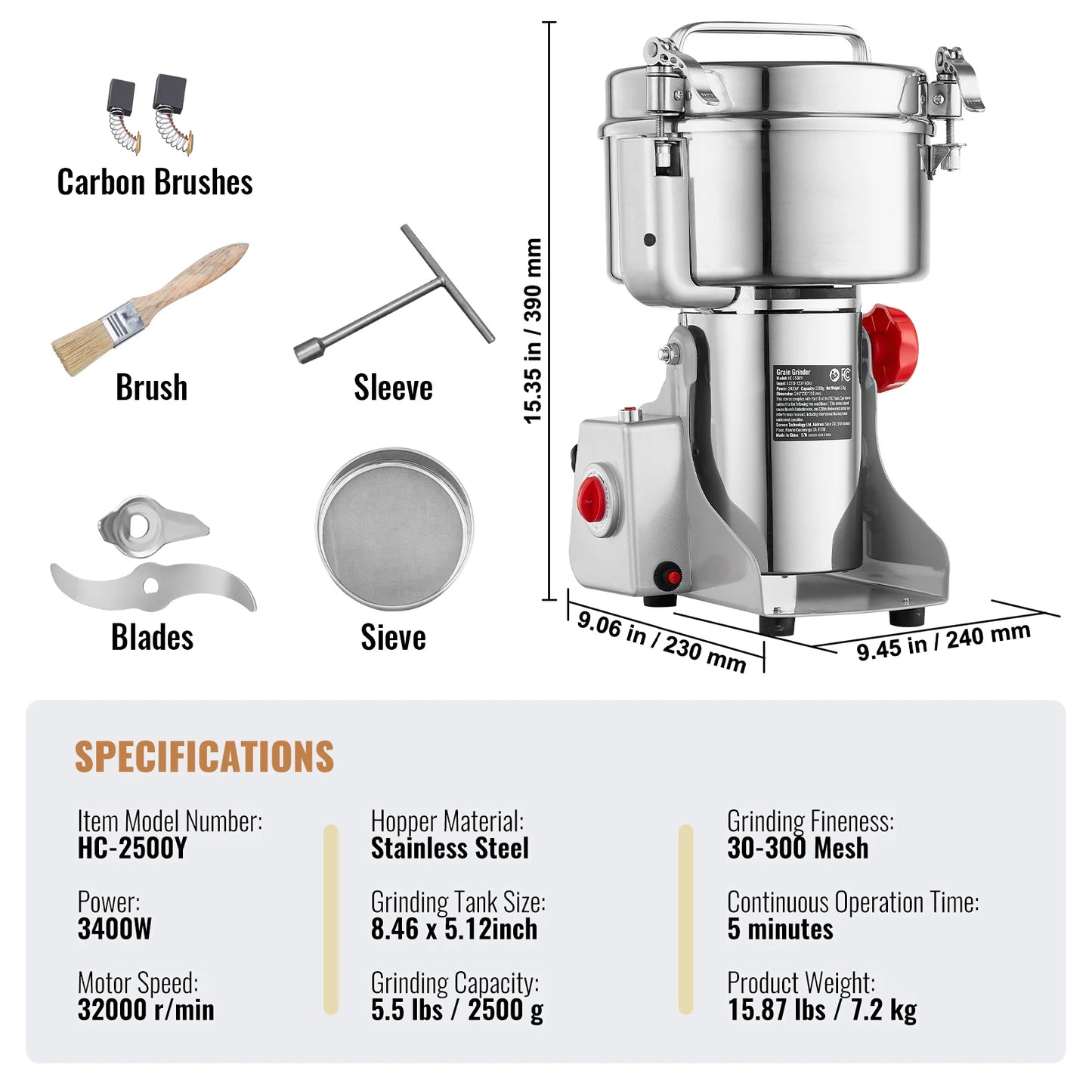 150-2500g Electric Mill Grinder for Spices, Coffee and Corn