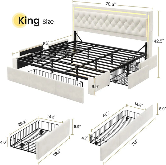 Beige Velvet Bed Frame with 5 Drawers