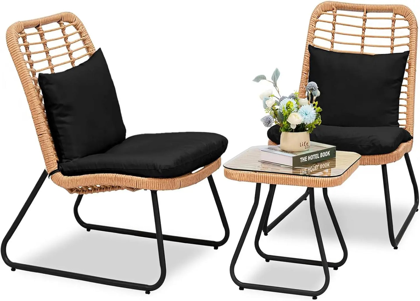 Two Large Rattan Chairs and Tempered Glass Table Set