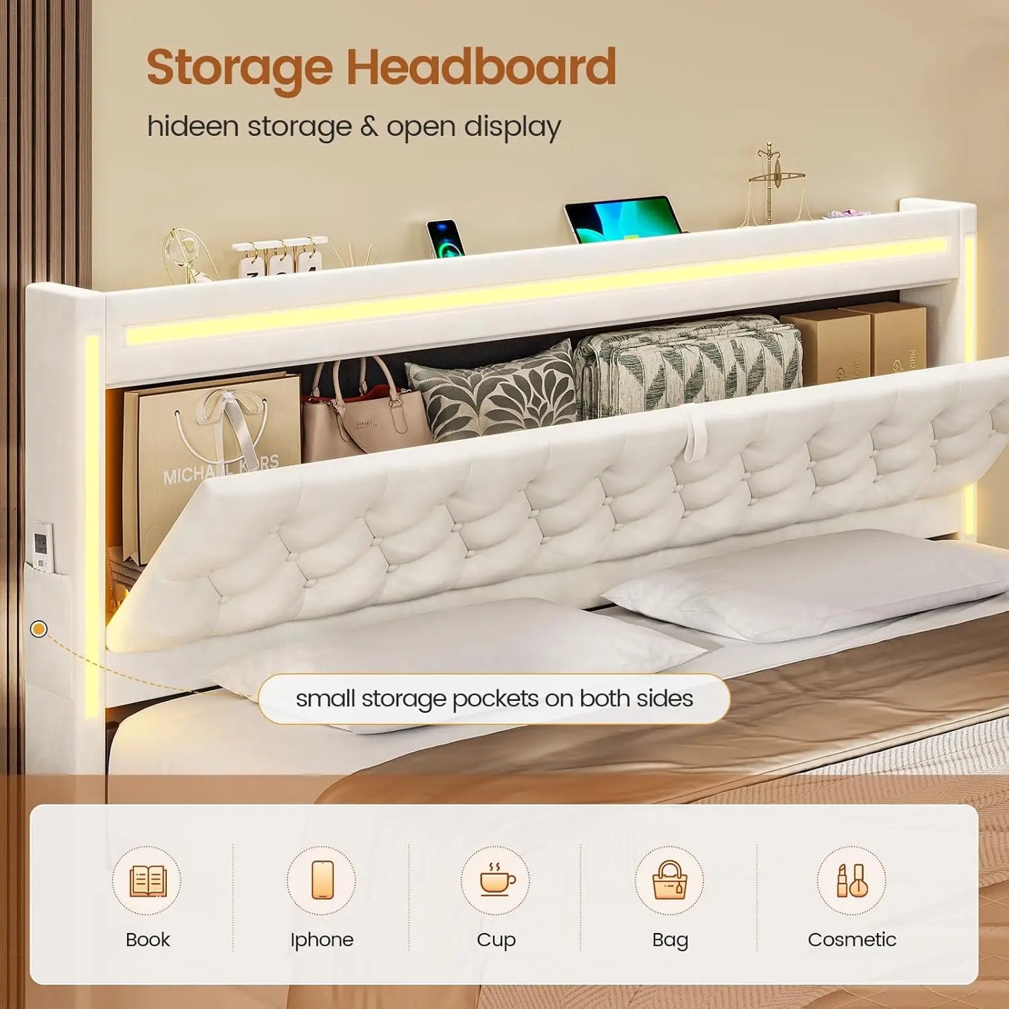 Beige Velvet Bed Frame with 5 Drawers