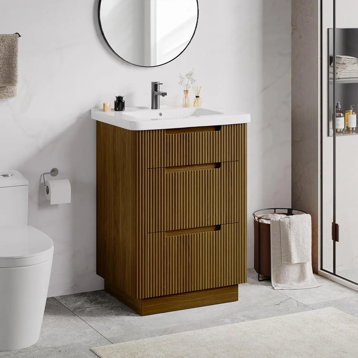 Fluted Bathroom Vanity /24" Sink Combo, Cabinet 3 Drawers