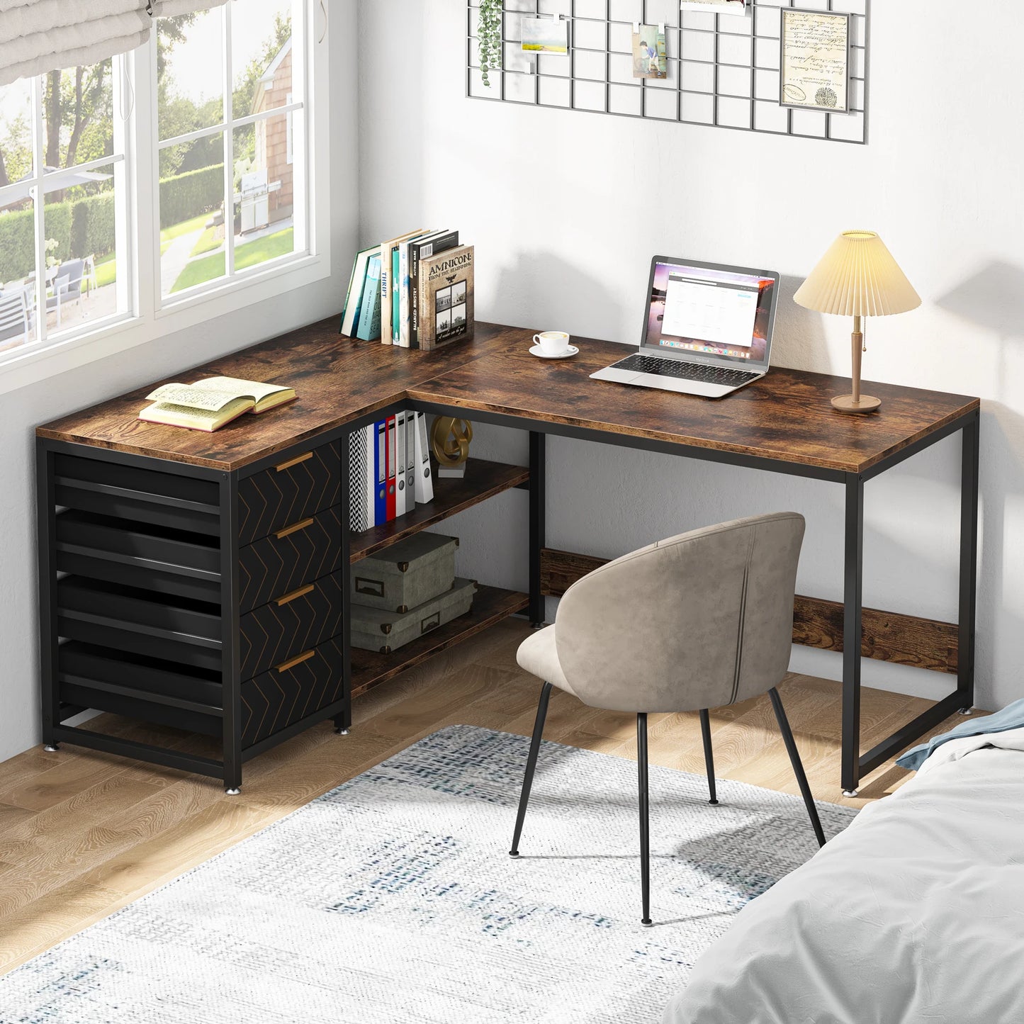 59-inch L Shaped Computer Desk with Storage Drawers